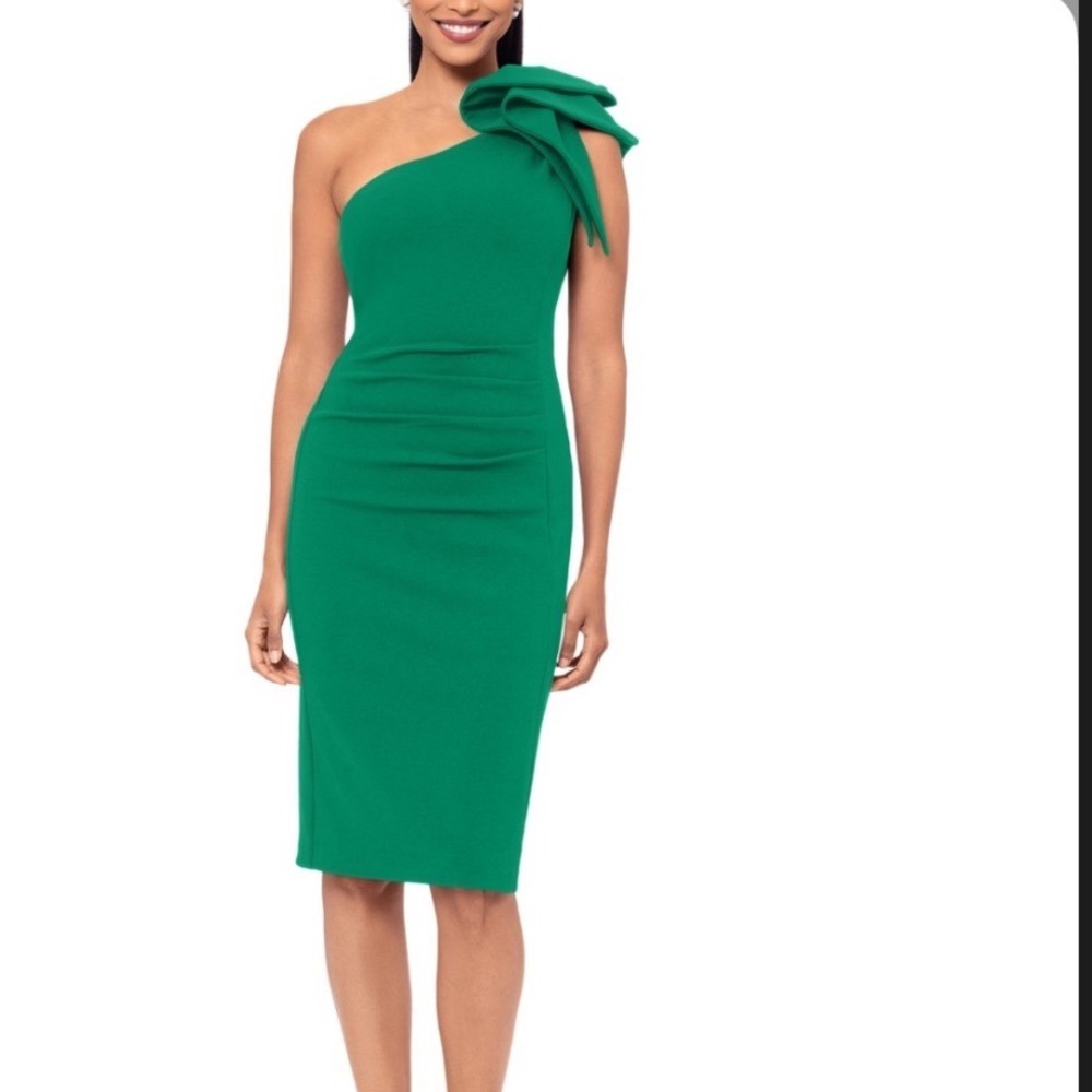 Betsy & Adam One Shoulder Dress Women 10 Green NWT Ruffle Cocktail MSRP $219